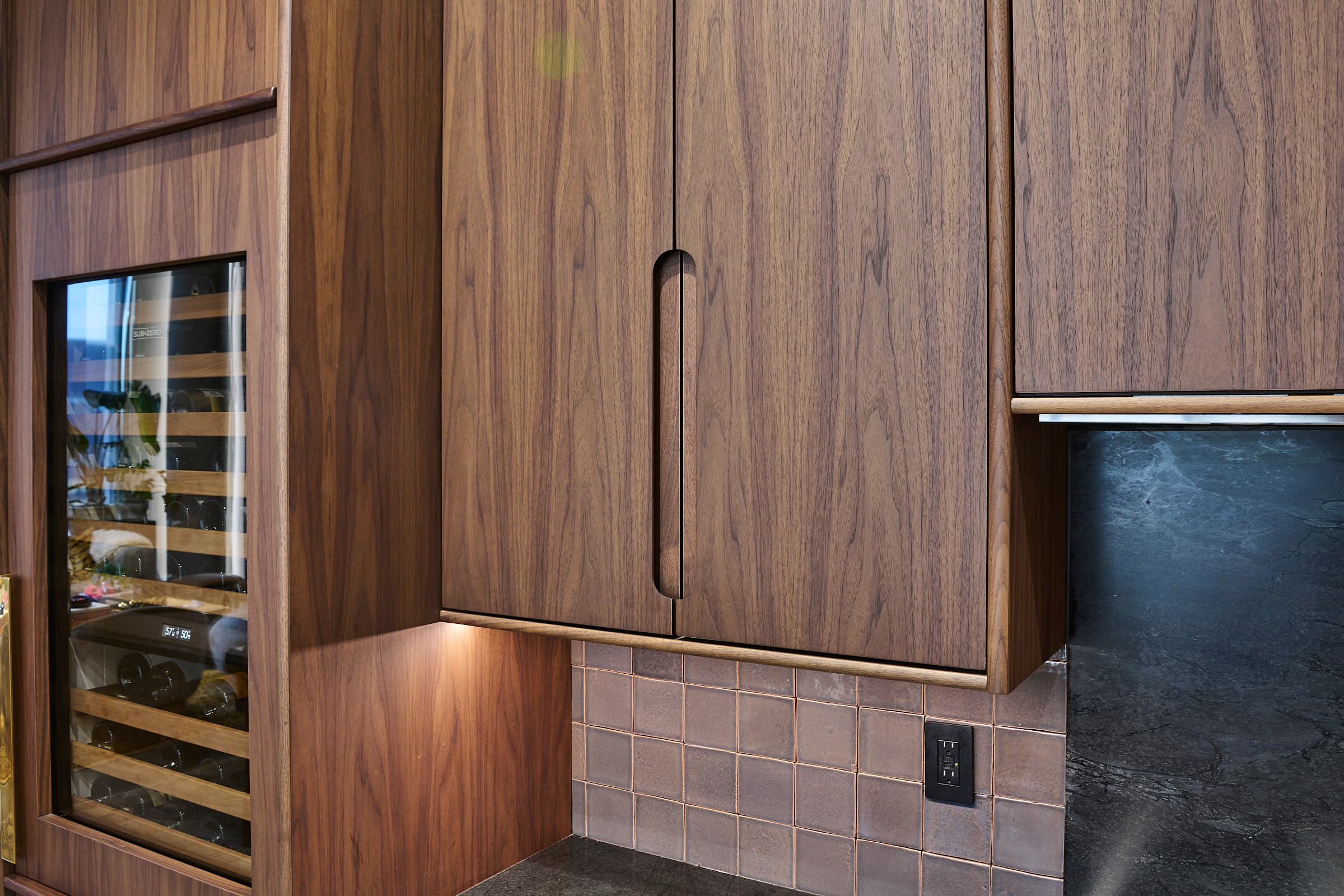 Custom Integrated Handle Details: Pantry And Walnut