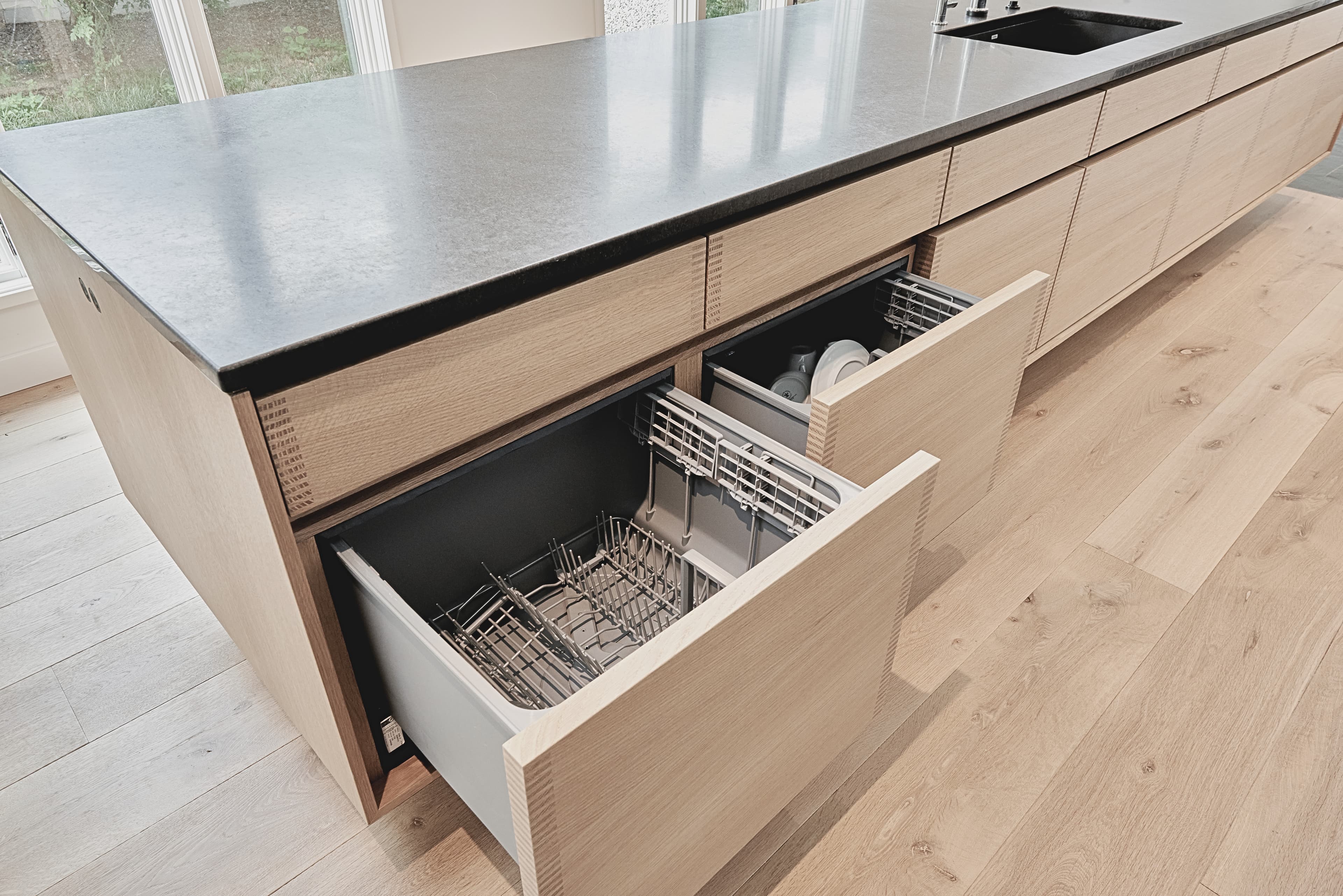 Bespoke custom cabinetry in Danish Dovetail: Fisher Paykel Dishwasher Drawers
