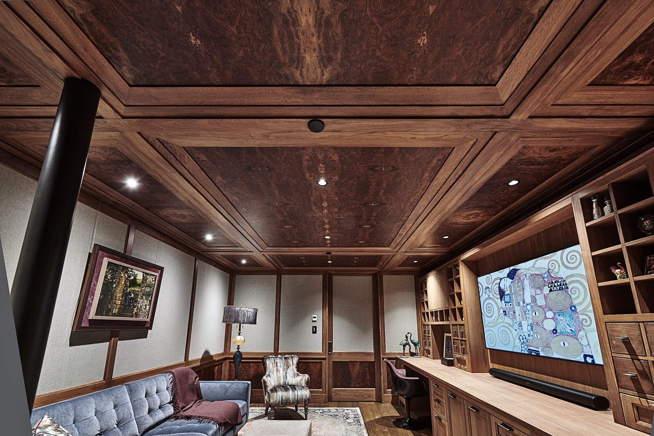 Bespoke custom cabinetry in Nordic Modern: Burled Walnut Ceiling