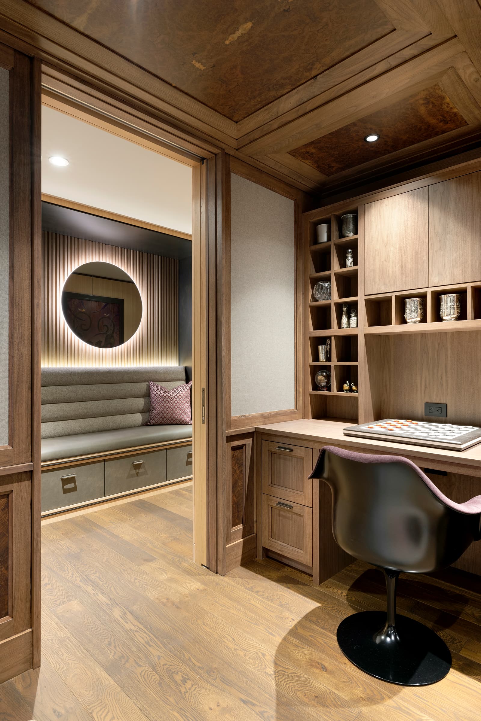 Bespoke custom cabinetry in Nordic Modern: Walnut Home Office Banquette 072