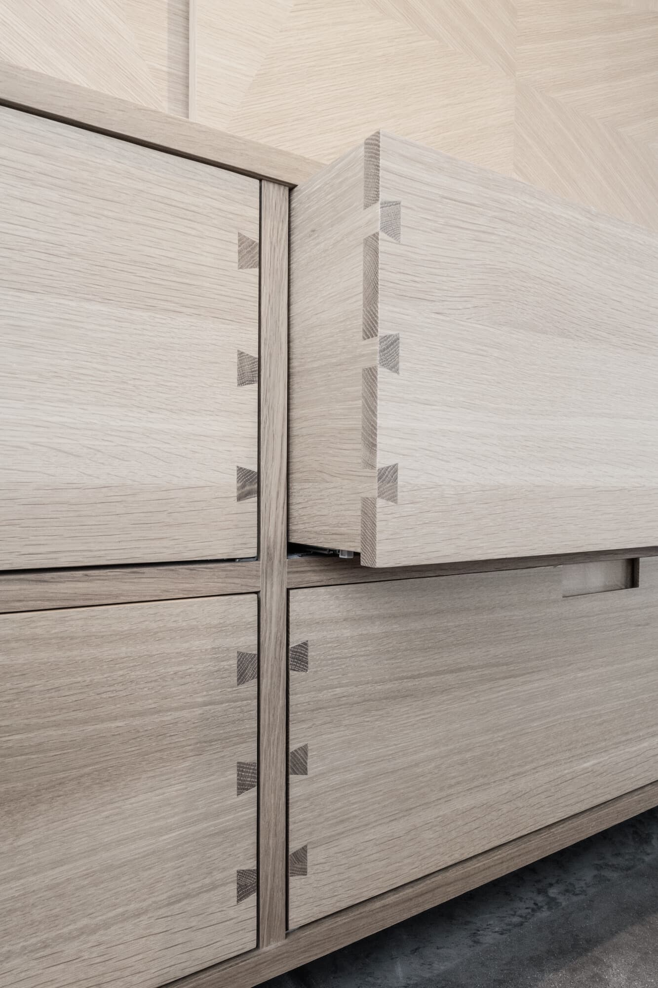 Bespoke custom cabinetry in Modern Tale: Exposed Dovetail Drawer Detail