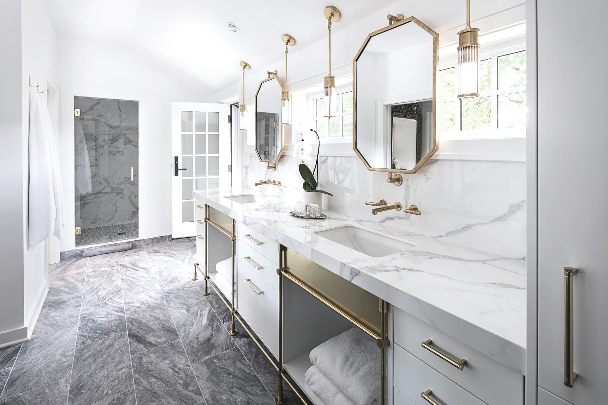 Bespoke custom cabinetry in Grove Sessions: Marble Double Vanity Bathroom 306 Edited