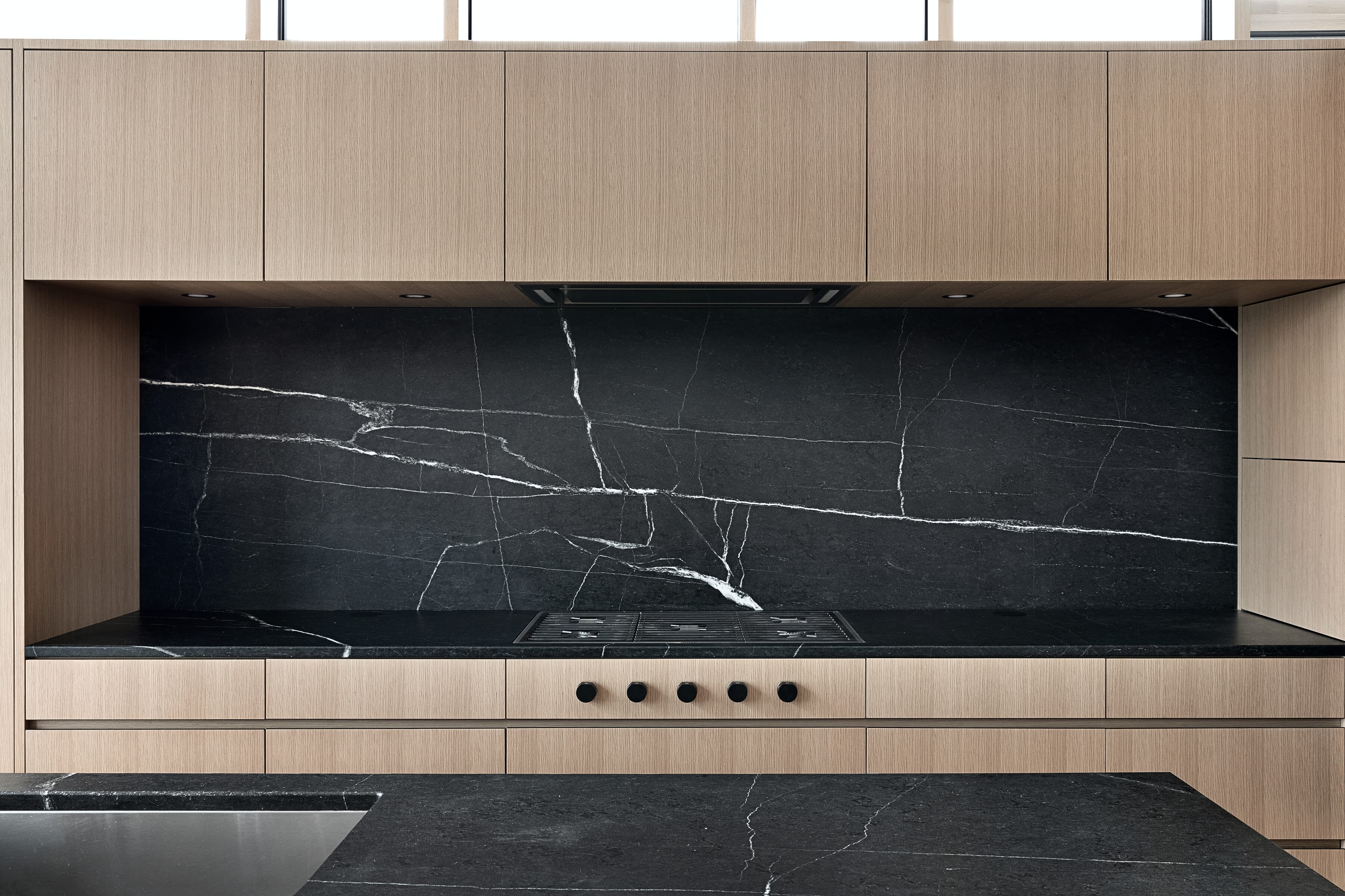 Bespoke custom cabinetry in Lake Effect: Oak Kitchen Stone Backsplash 026 Edited